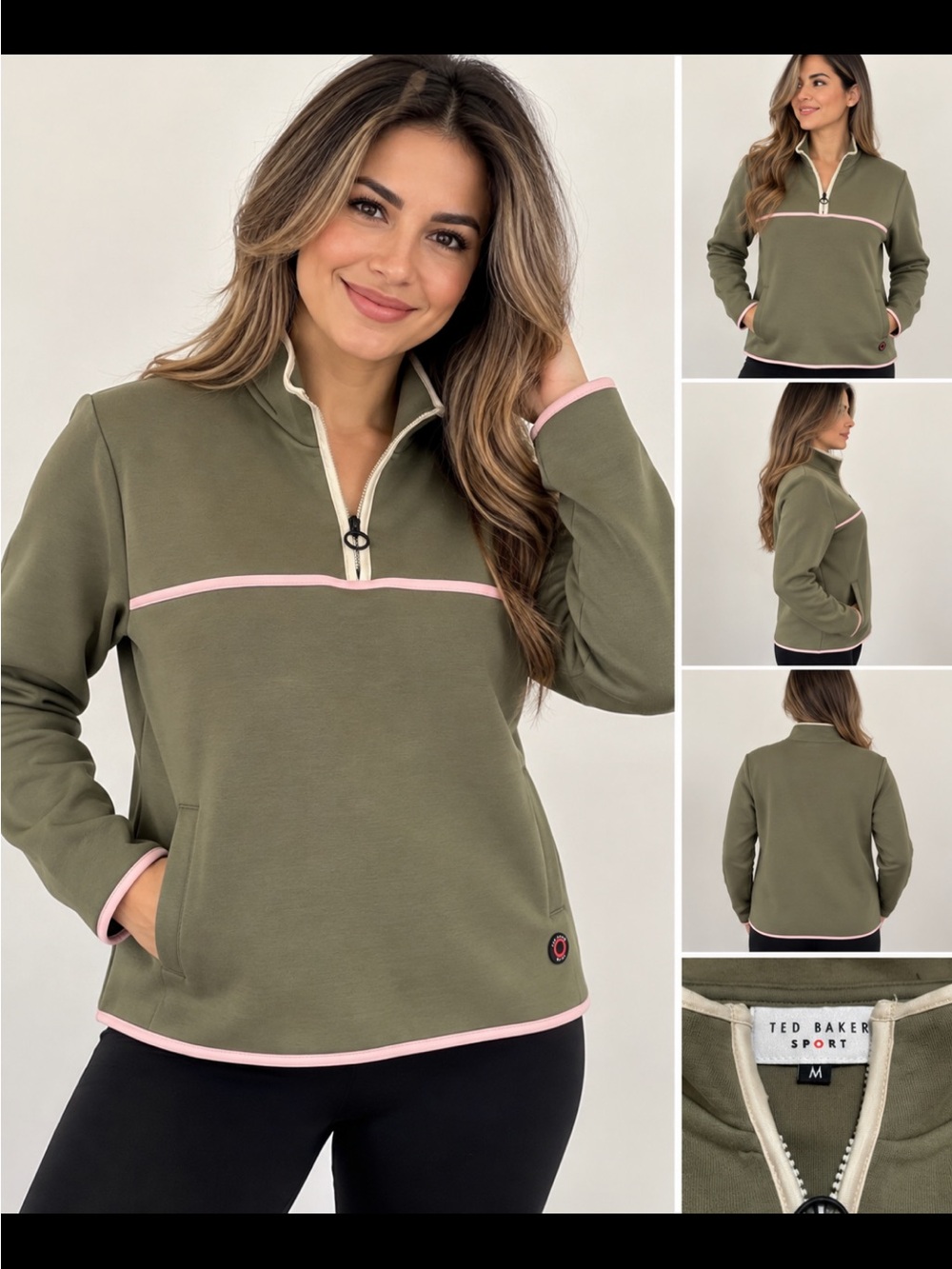 Ted Baker Olive Green Quarter-Zip Sweater with Pink Trim
